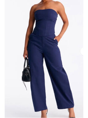 Women's Fashion Nova Navy Strapless Barrel Pant Set L